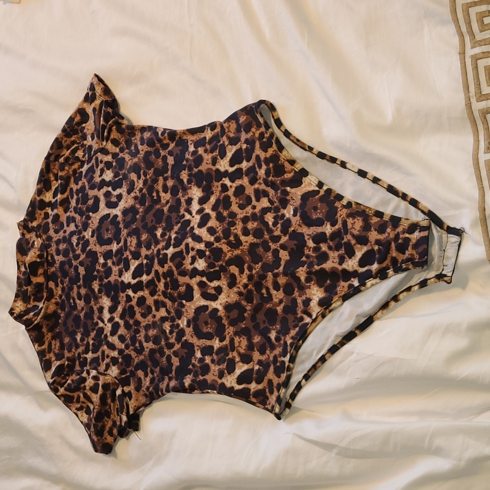 2 for $25  Leopard print mock turtleneck short sleeve bodysuit